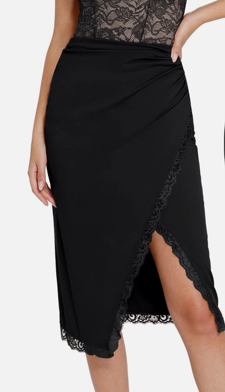 Popilush Shapewear Slimming Lace Trim Midi Wrap Black Gold Skirt Side Slit SZ XS